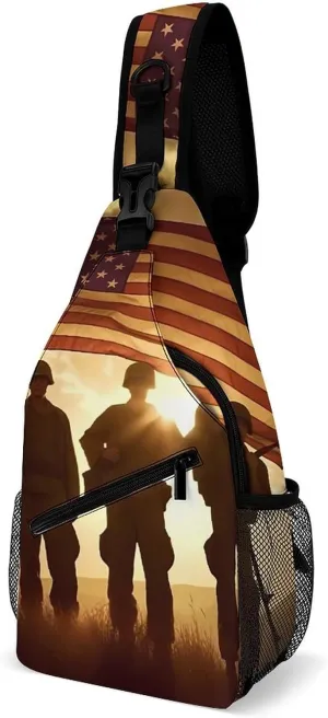 Soldiers Holding Up U.S. Flag Printed Crossbody Sling Bag Chest Bags Shoulder Backpack for Travel Sport
