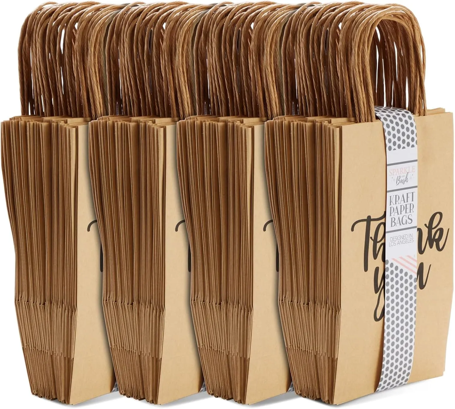 Sparkle and Bash 100-Pack Small Thank You Gift Bags with Handles, Brown Kraft Paper Bulk Bags for Weddings, Birthday Party Favors, Gift Wrapping, Retail Small Businesses (9x5.3x3 in)