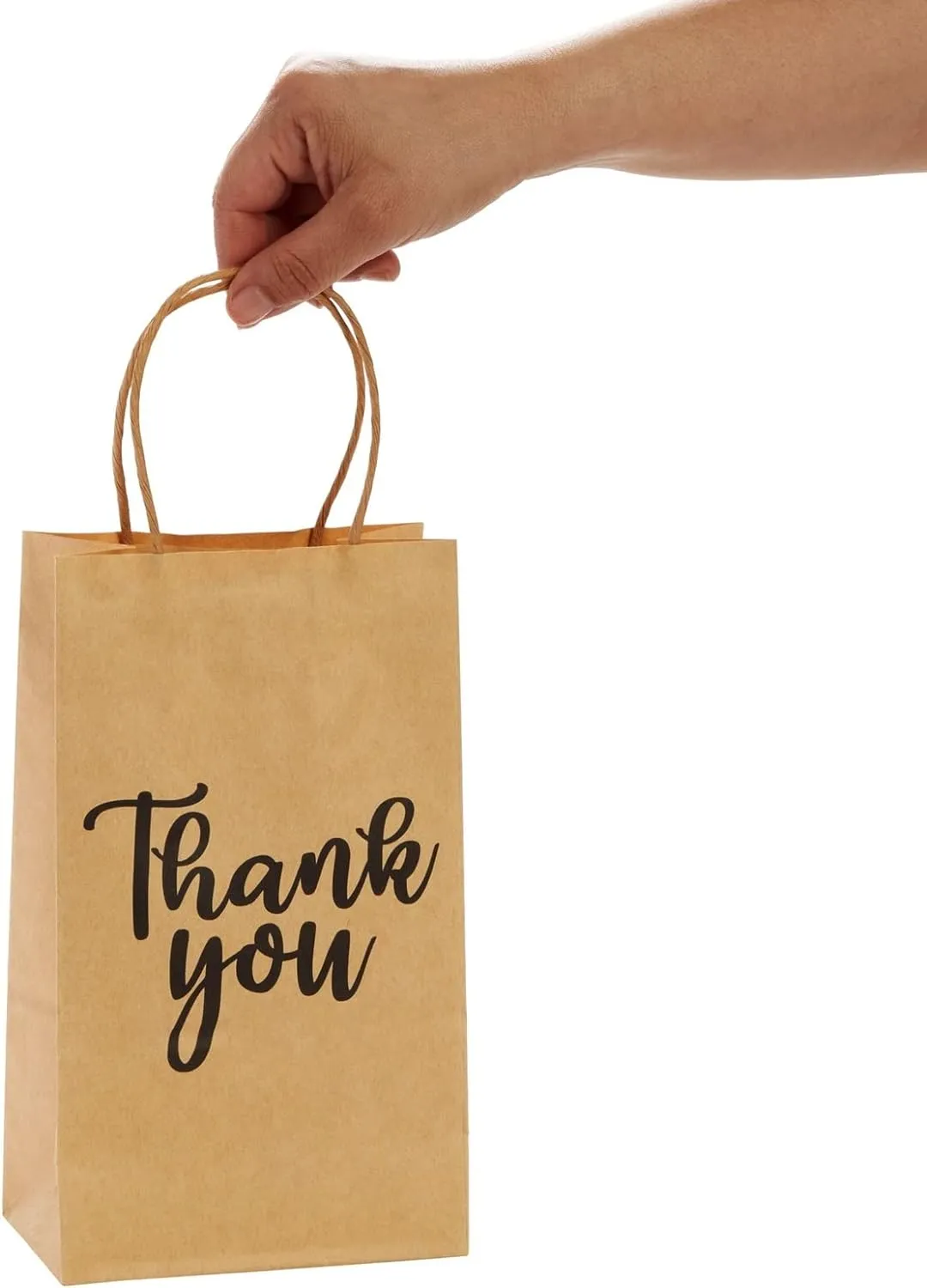 Sparkle and Bash 100-Pack Small Thank You Gift Bags with Handles, Brown Kraft Paper Bulk Bags for Weddings, Birthday Party Favors, Gift Wrapping, Retail Small Businesses (9x5.3x3 in)