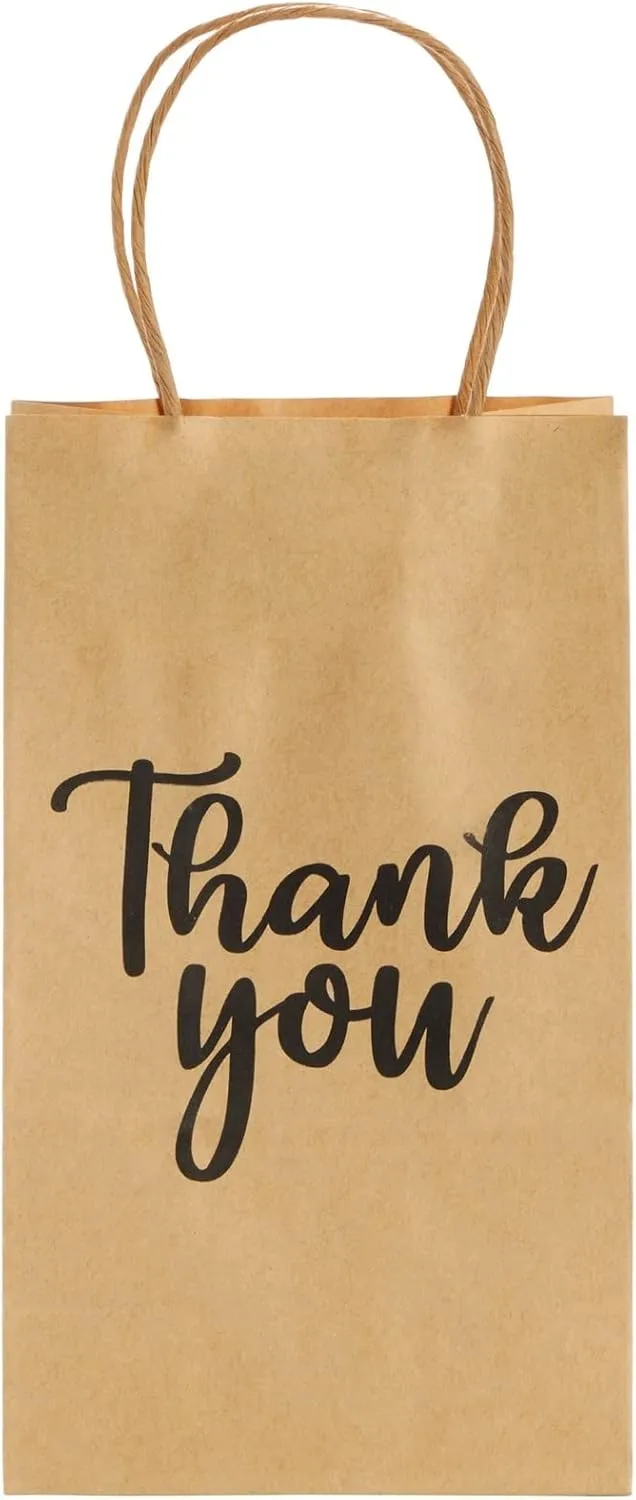 Sparkle and Bash 100-Pack Small Thank You Gift Bags with Handles, Brown Kraft Paper Bulk Bags for Weddings, Birthday Party Favors, Gift Wrapping, Retail Small Businesses (9x5.3x3 in)
