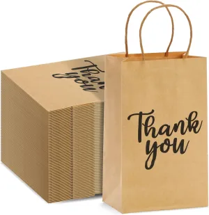 Sparkle and Bash 100-Pack Small Thank You Gift Bags with Handles, Brown Kraft Paper Bulk Bags for Weddings, Birthday Party Favors, Gift Wrapping, Retail Small Businesses (9x5.3x3 in)