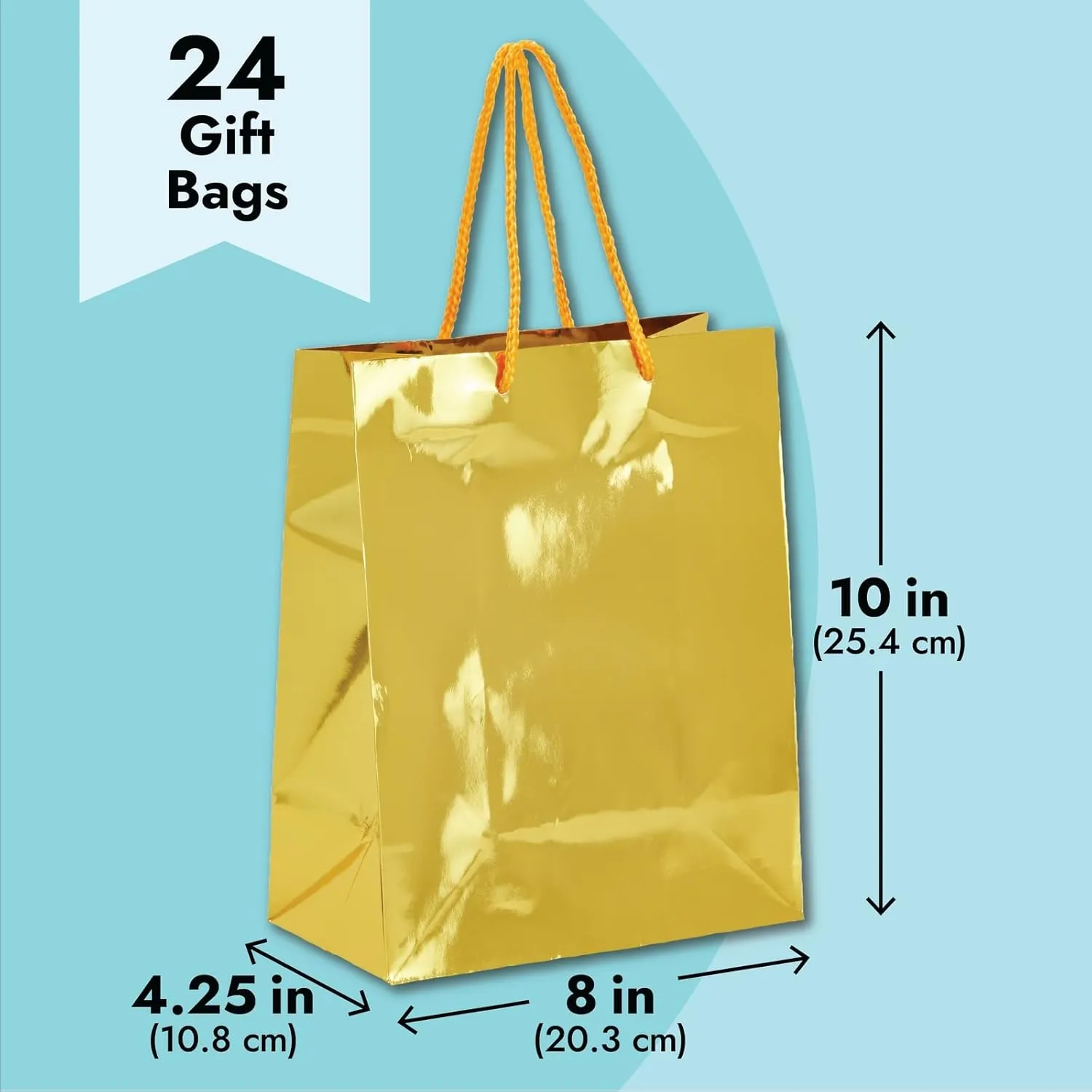 Sparkle and Bash 24 Pack Metallic Gold Gift Bags with Handles for Birthday Party Favors, Small Business Supplies, Easter, Baby Shower, Anniversary, Wedding (10 x 8 x 4.25 Inches)