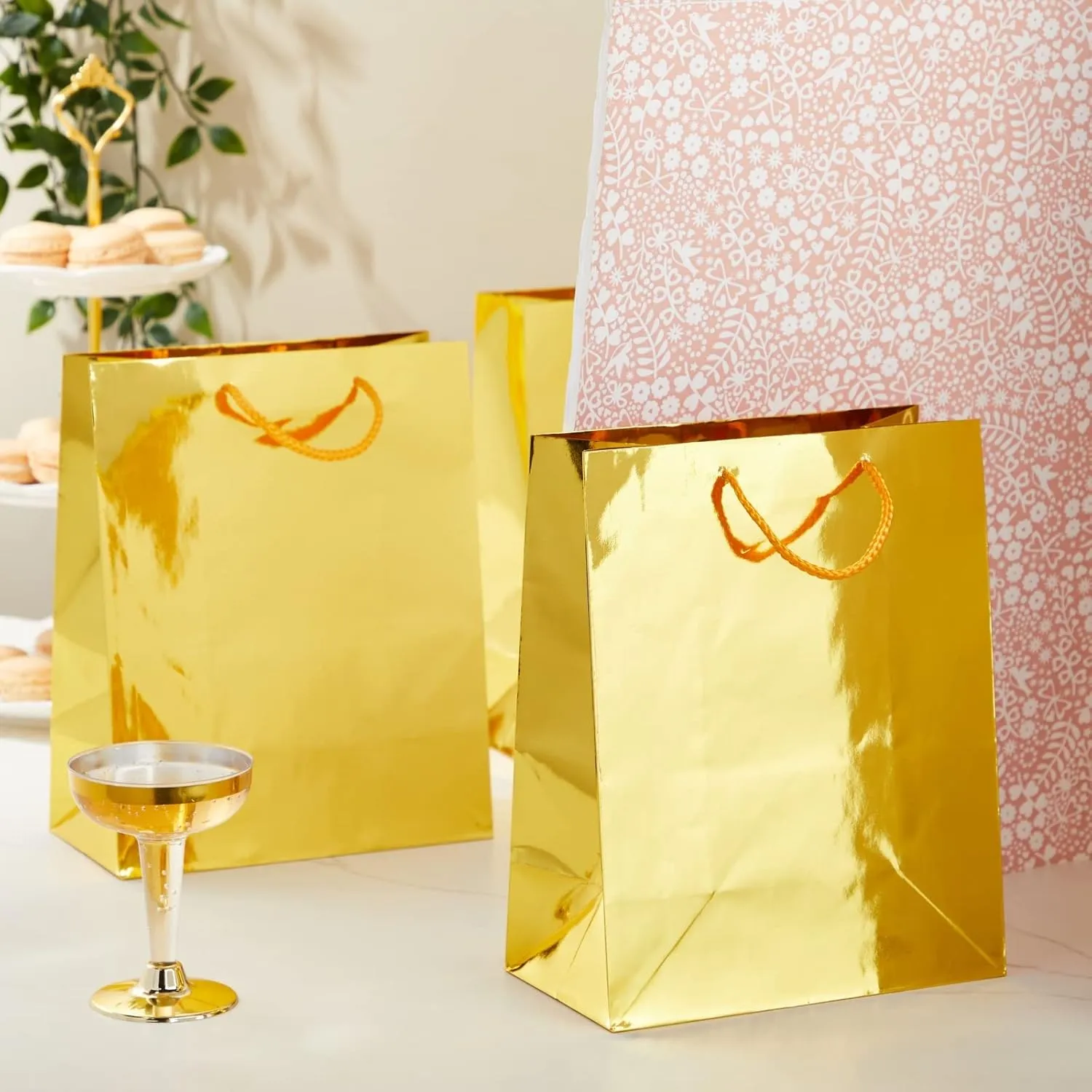 Sparkle and Bash 24 Pack Metallic Gold Gift Bags with Handles for Birthday Party Favors, Small Business Supplies, Easter, Baby Shower, Anniversary, Wedding (10 x 8 x 4.25 Inches)