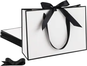 STOBOCTER 6 Pcs Elegant Paper Gift Bags with Handles 12.6x4x9.1'' Thank You Gift Bags with Bow Ribbon Gift Wrap Bags for Wedding Bridesmaid Groomsmen Party Baby Shower Birthday Gifts(White, Black)