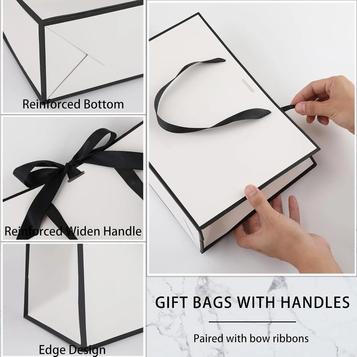 STOBOCTER 6 Pcs Elegant Paper Gift Bags with Handles 12.6x4x9.1'' Thank You Gift Bags with Bow Ribbon Gift Wrap Bags for Wedding Bridesmaid Groomsmen Party Baby Shower Birthday Gifts(White, Black)