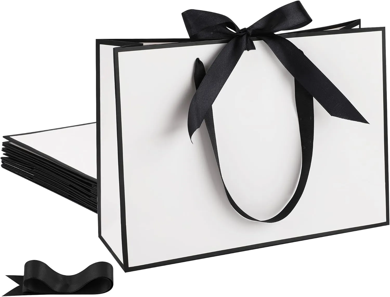 STOBOCTER 6 Pcs Elegant Paper Gift Bags with Handles 12.6x4x9.1'' Thank You Gift Bags with Bow Ribbon Gift Wrap Bags for Wedding Bridesmaid Groomsmen Party Baby Shower Birthday Gifts(White, Black)