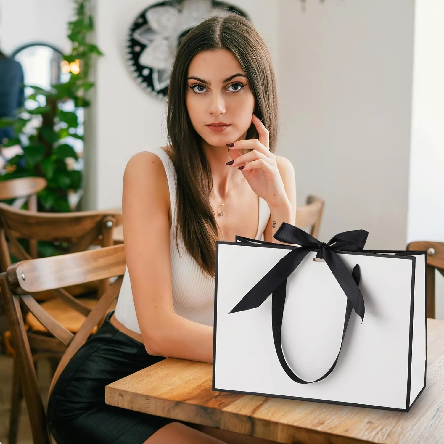 STOBOCTER 6 Pcs Elegant Paper Gift Bags with Handles 12.6x4x9.1'' Thank You Gift Bags with Bow Ribbon Gift Wrap Bags for Wedding Bridesmaid Groomsmen Party Baby Shower Birthday Gifts(White, Black)