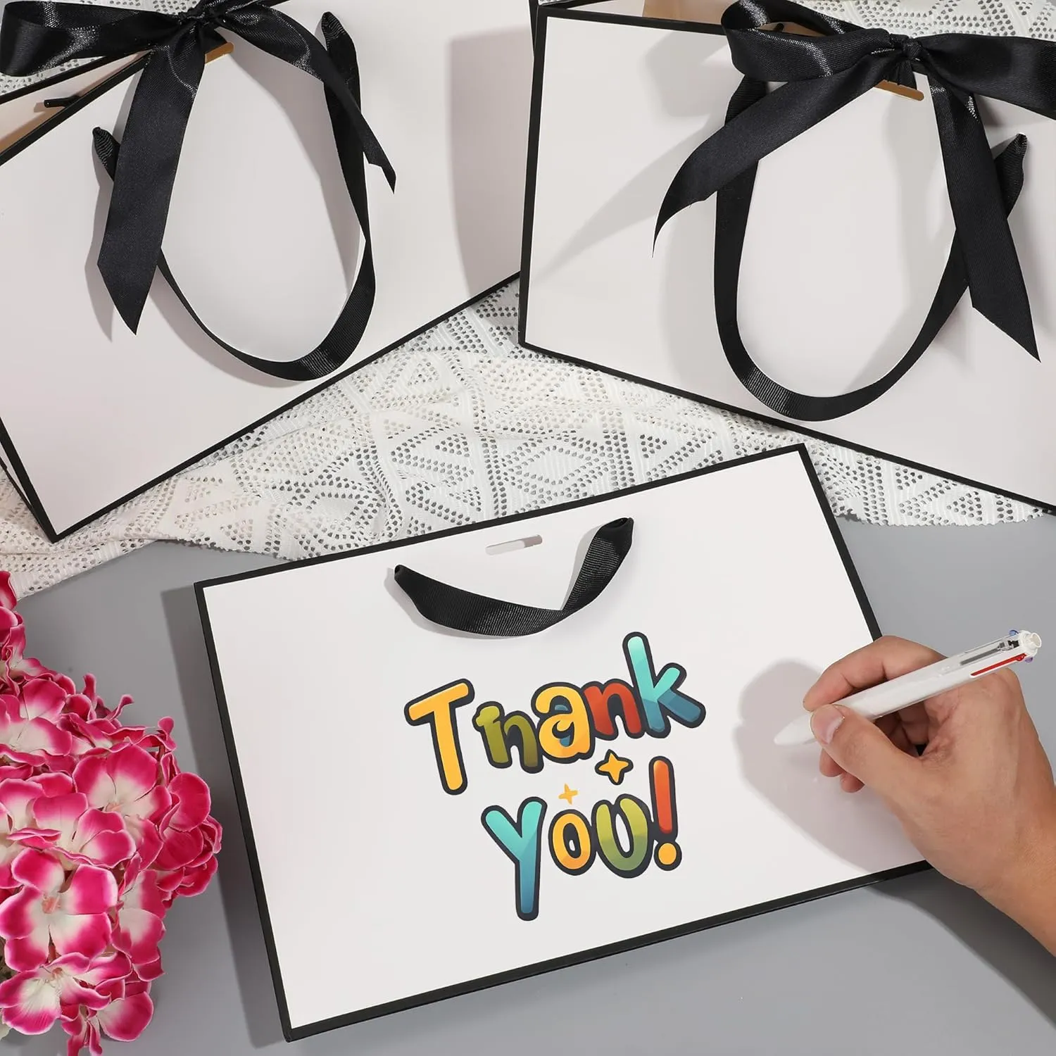 STOBOCTER 6 Pcs Elegant Paper Gift Bags with Handles 12.6x4x9.1'' Thank You Gift Bags with Bow Ribbon Gift Wrap Bags for Wedding Bridesmaid Groomsmen Party Baby Shower Birthday Gifts(White, Black)