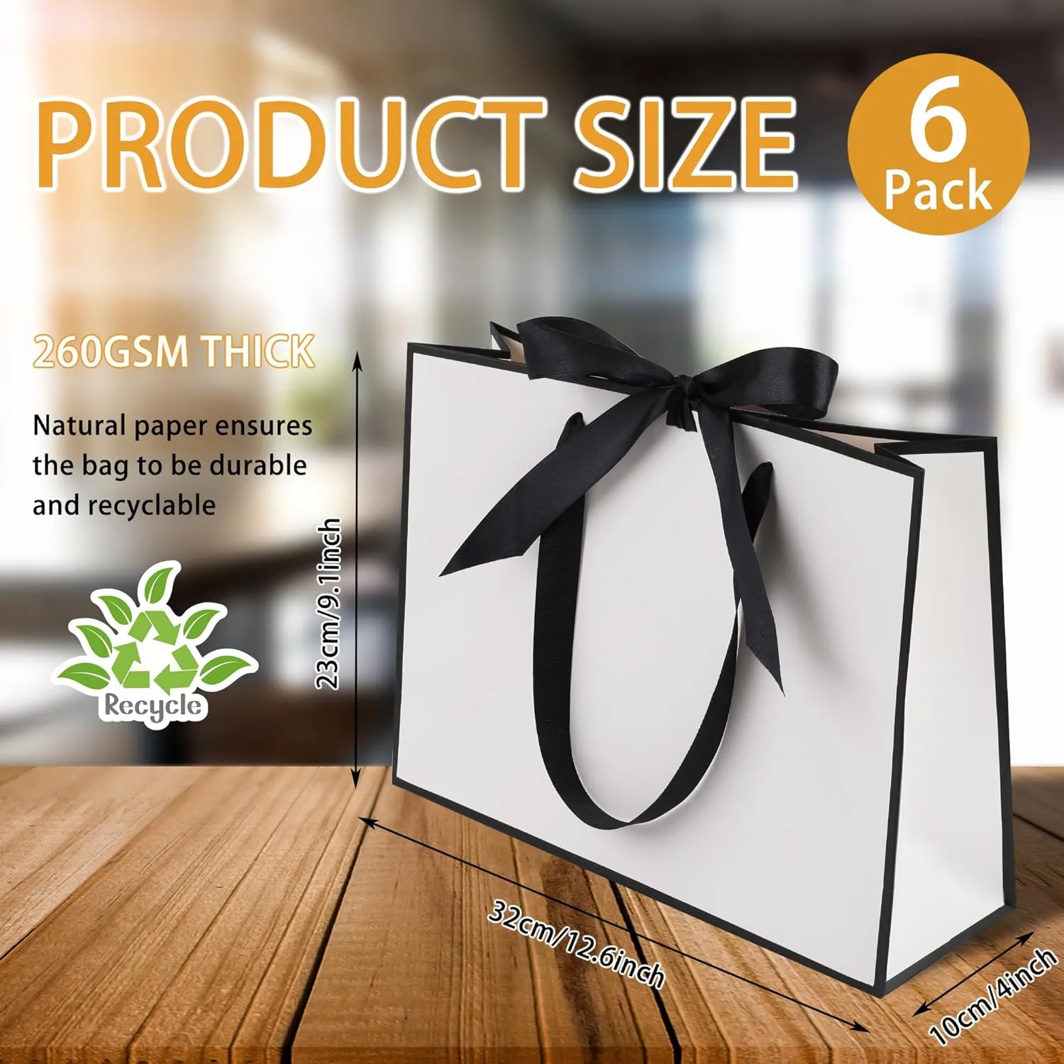 STOBOCTER 6 Pcs Elegant Paper Gift Bags with Handles 12.6x4x9.1'' Thank You Gift Bags with Bow Ribbon Gift Wrap Bags for Wedding Bridesmaid Groomsmen Party Baby Shower Birthday Gifts(White, Black)