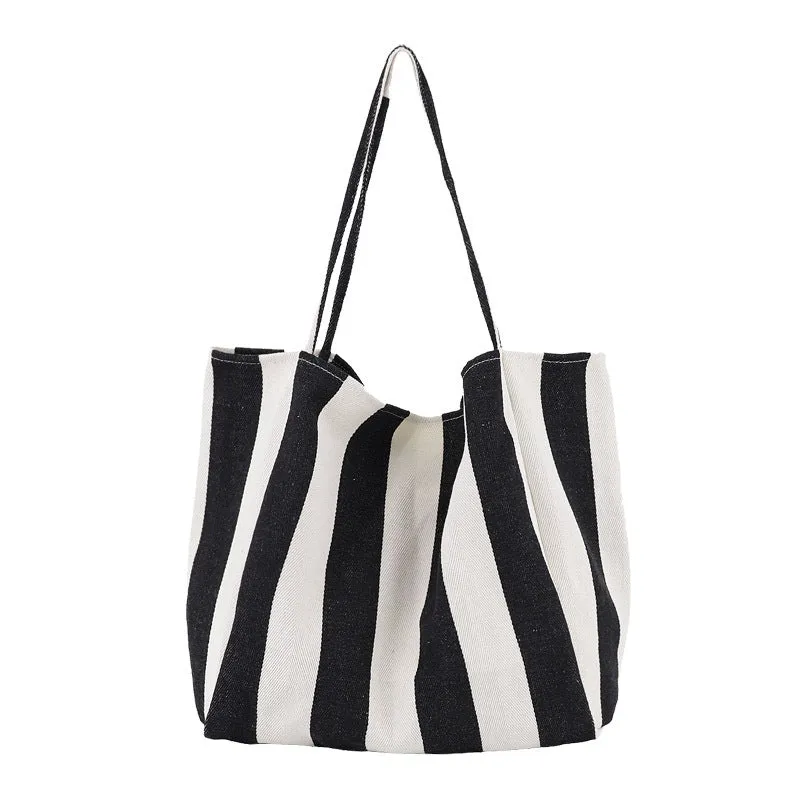 Striped Canvas Bags High Capacity Shoulder Bags For Women Fashion Shopper Handbags Casual Shopping Totes