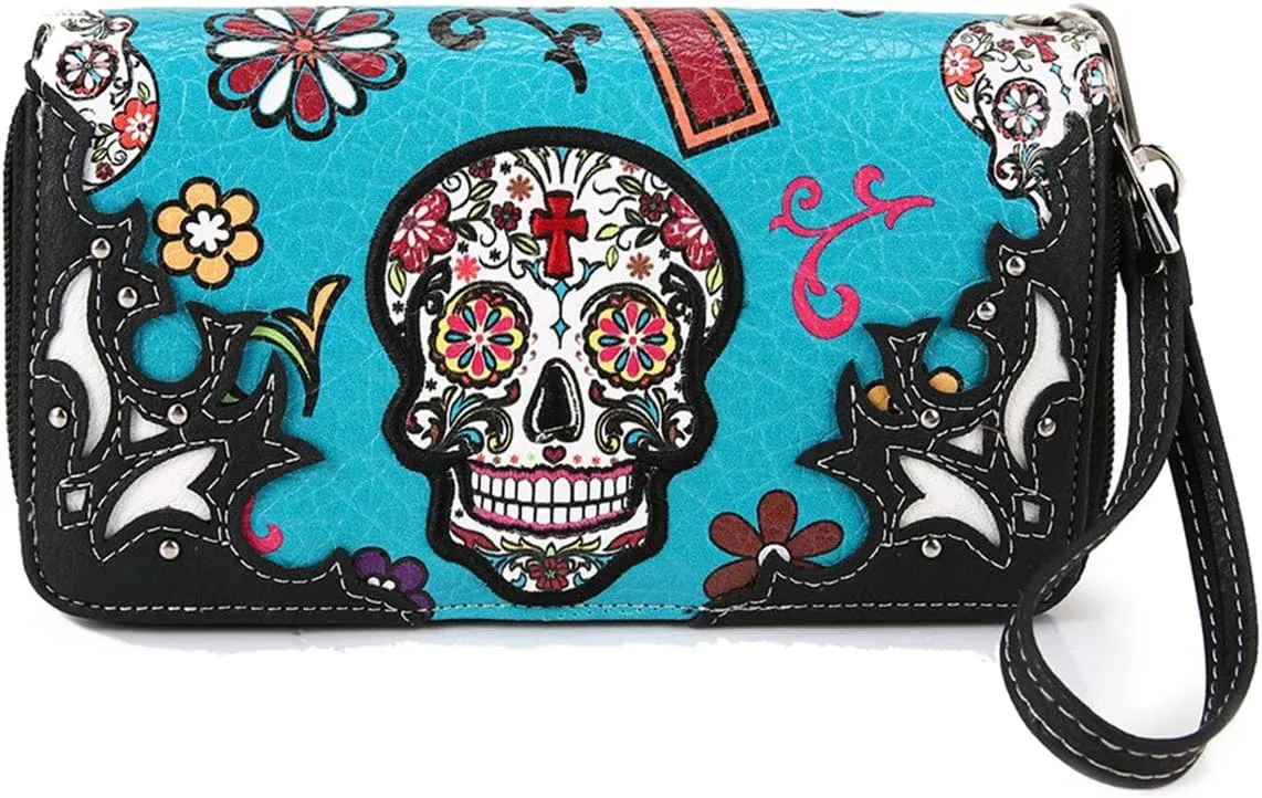 Sugar Skull Rose Flower Day of the Dead Purse Punk Gothic Totes Women Fashion Handbag Skeleton Shoulder Bag Wallet Set