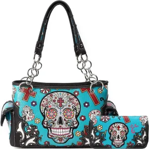 Sugar Skull Rose Flower Day of the Dead Purse Punk Gothic Totes Women Fashion Handbag Skeleton Shoulder Bag Wallet Set