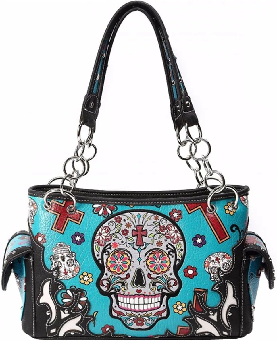 Sugar Skull Rose Flower Day of the Dead Purse Punk Gothic Totes Women Fashion Handbag Skeleton Shoulder Bag Wallet Set