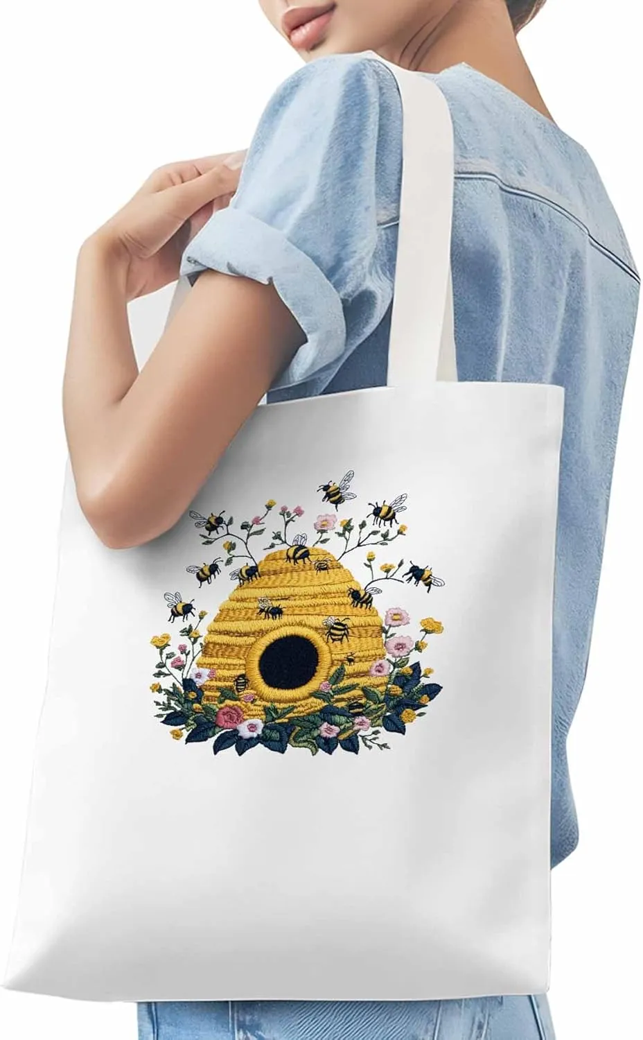 Summer Bee Butterfly Canvas Tote Bag, Aesthetic Canvas Tote Handbags for Women Shoulder Bag