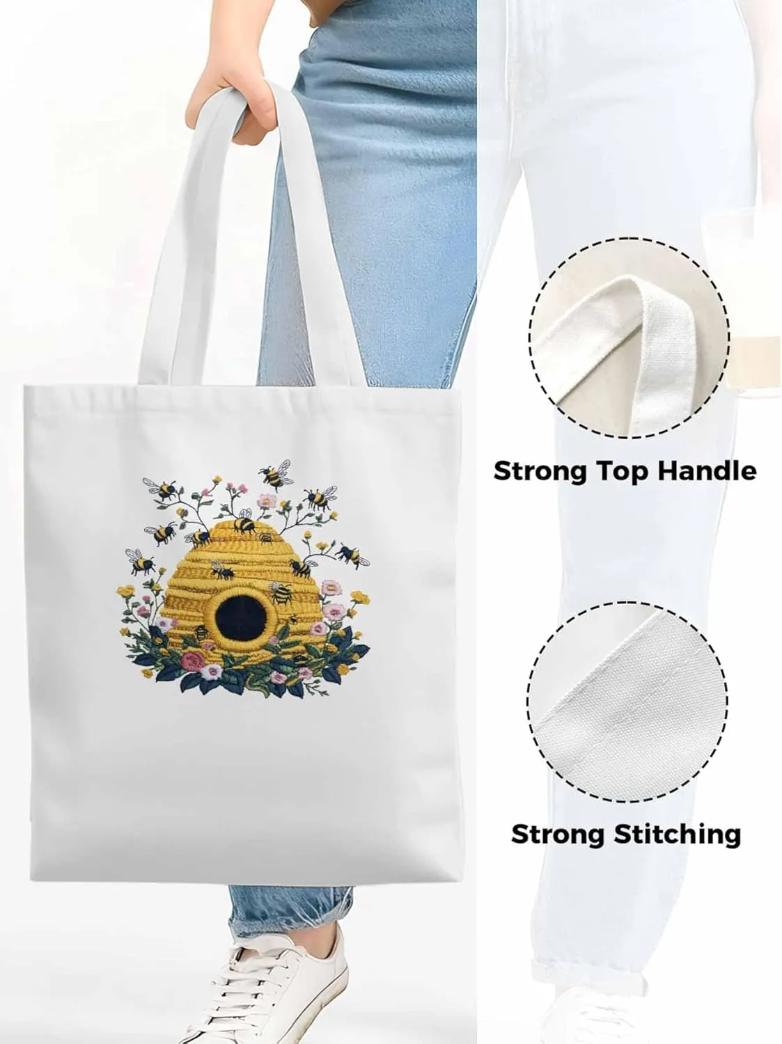 Summer Bee Butterfly Canvas Tote Bag, Aesthetic Canvas Tote Handbags for Women Shoulder Bag