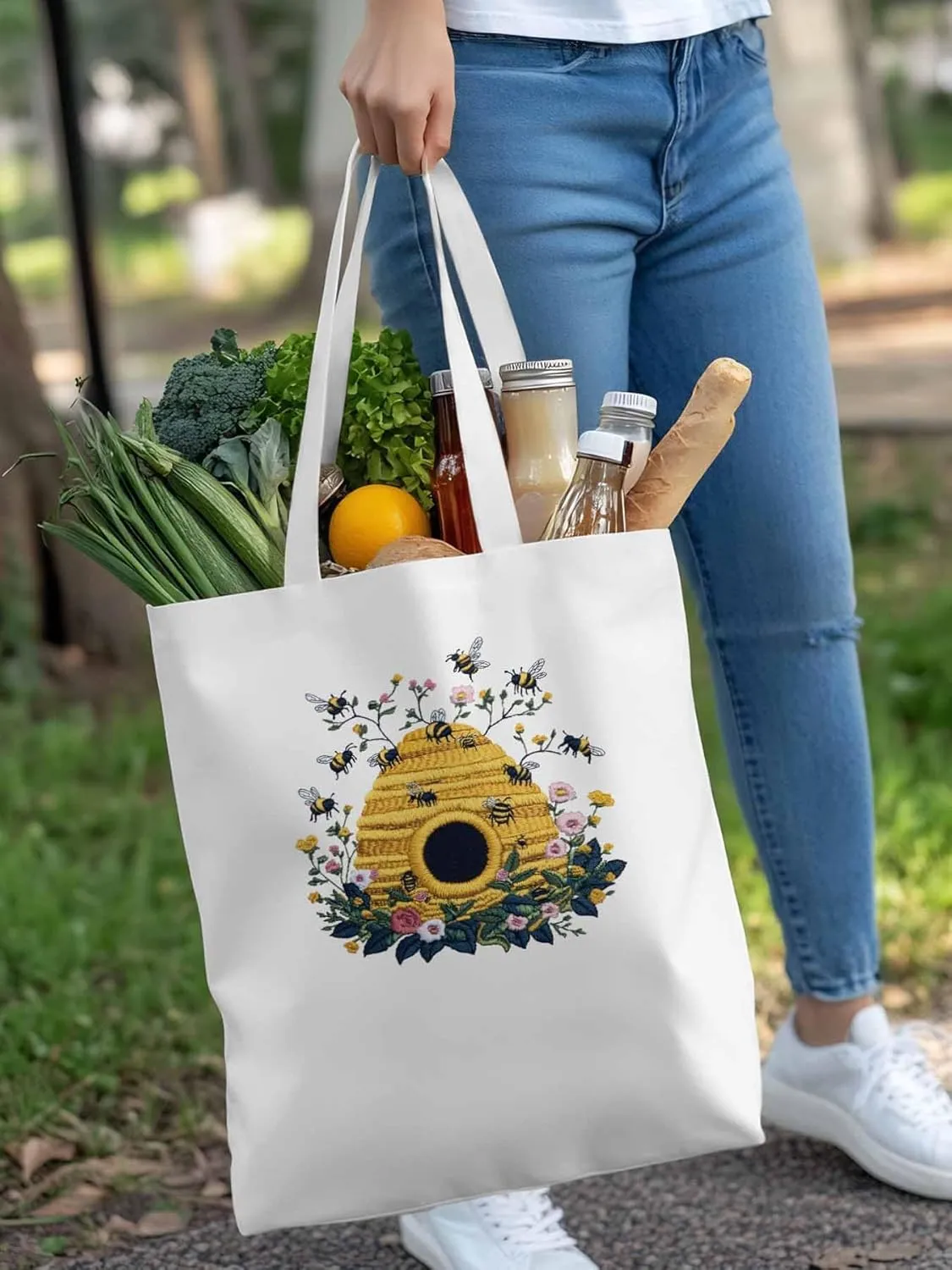 Summer Bee Butterfly Canvas Tote Bag, Aesthetic Canvas Tote Handbags for Women Shoulder Bag