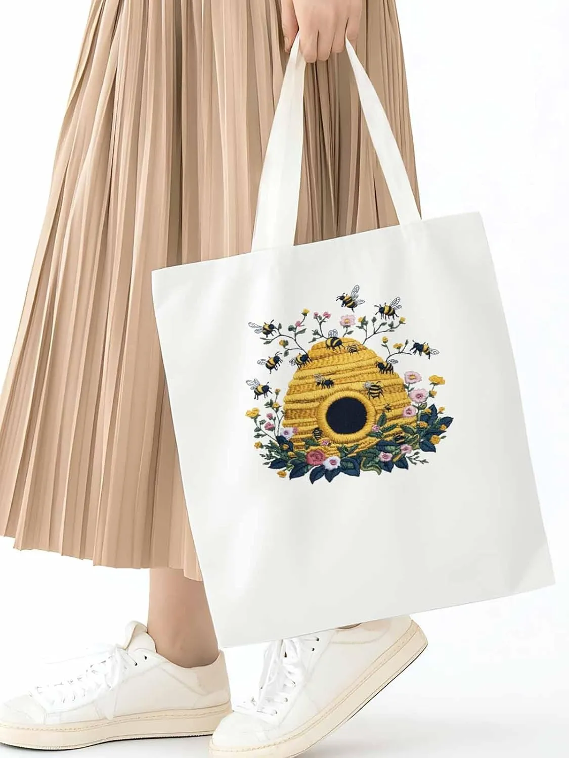 Summer Bee Butterfly Canvas Tote Bag, Aesthetic Canvas Tote Handbags for Women Shoulder Bag