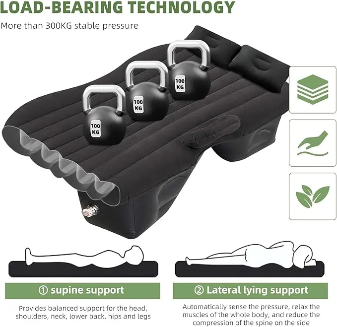 SUV Air Mattress - Thickened and Double Car Air Mattress Sided Flocking Travel Inflatable Car Mattress Bed with Electric Air Pump and 2 Pillows, Car Sleeping Bed for Home Outdoor and Travel(Black)