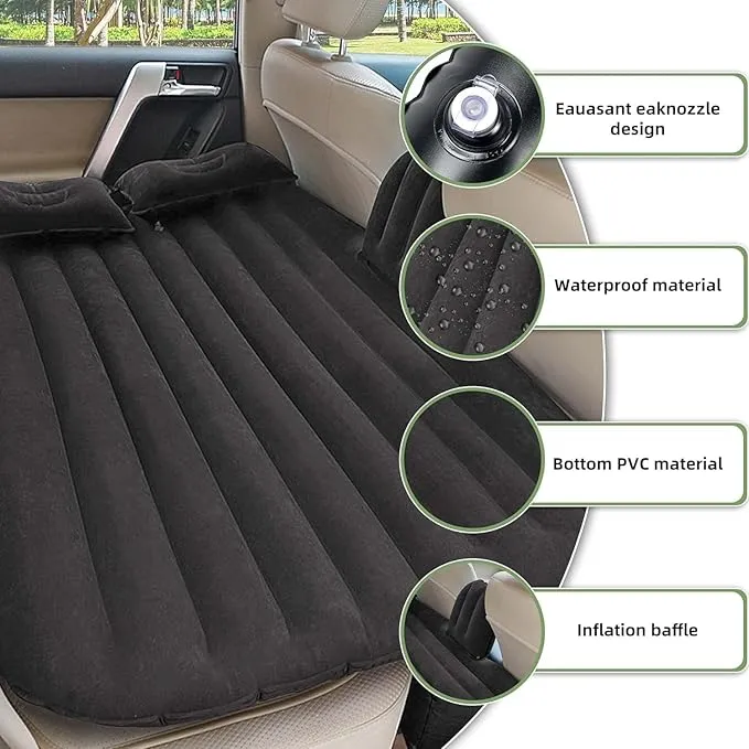 SUV Air Mattress - Thickened and Double Car Air Mattress Sided Flocking Travel Inflatable Car Mattress Bed with Electric Air Pump and 2 Pillows, Car Sleeping Bed for Home Outdoor and Travel(Black)