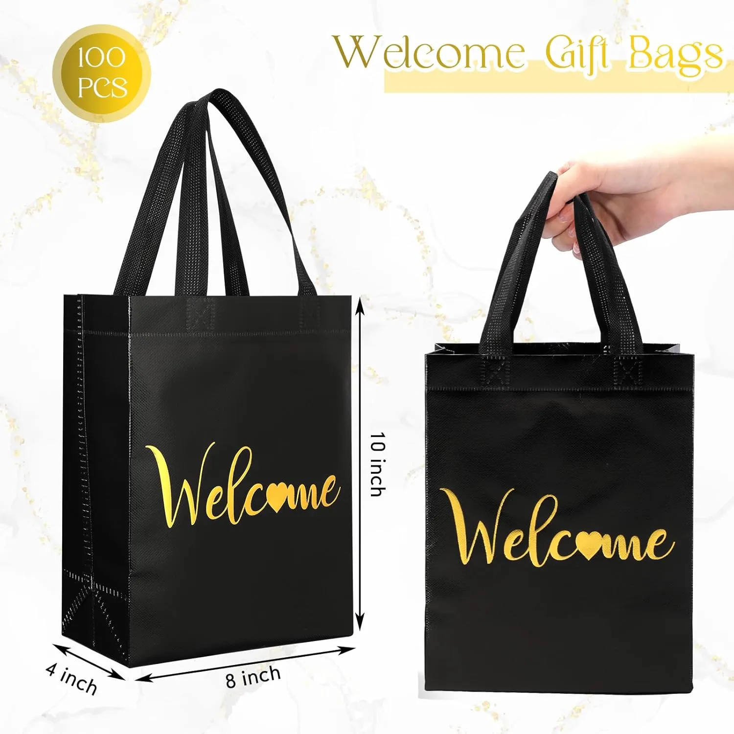 Sweetude 100 Pcs Welcome Bags Bulk, 10 x 8 x 4 Inch Non Woven Welcome Guest Gift Bags with Handle Reusable Reinforced Bottom for Wedding Birthday Party(Black, Gold)