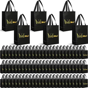 Sweetude 100 Pcs Welcome Bags Bulk, 10 x 8 x 4 Inch Non Woven Welcome Guest Gift Bags with Handle Reusable Reinforced Bottom for Wedding Birthday Party(Black, Gold)
