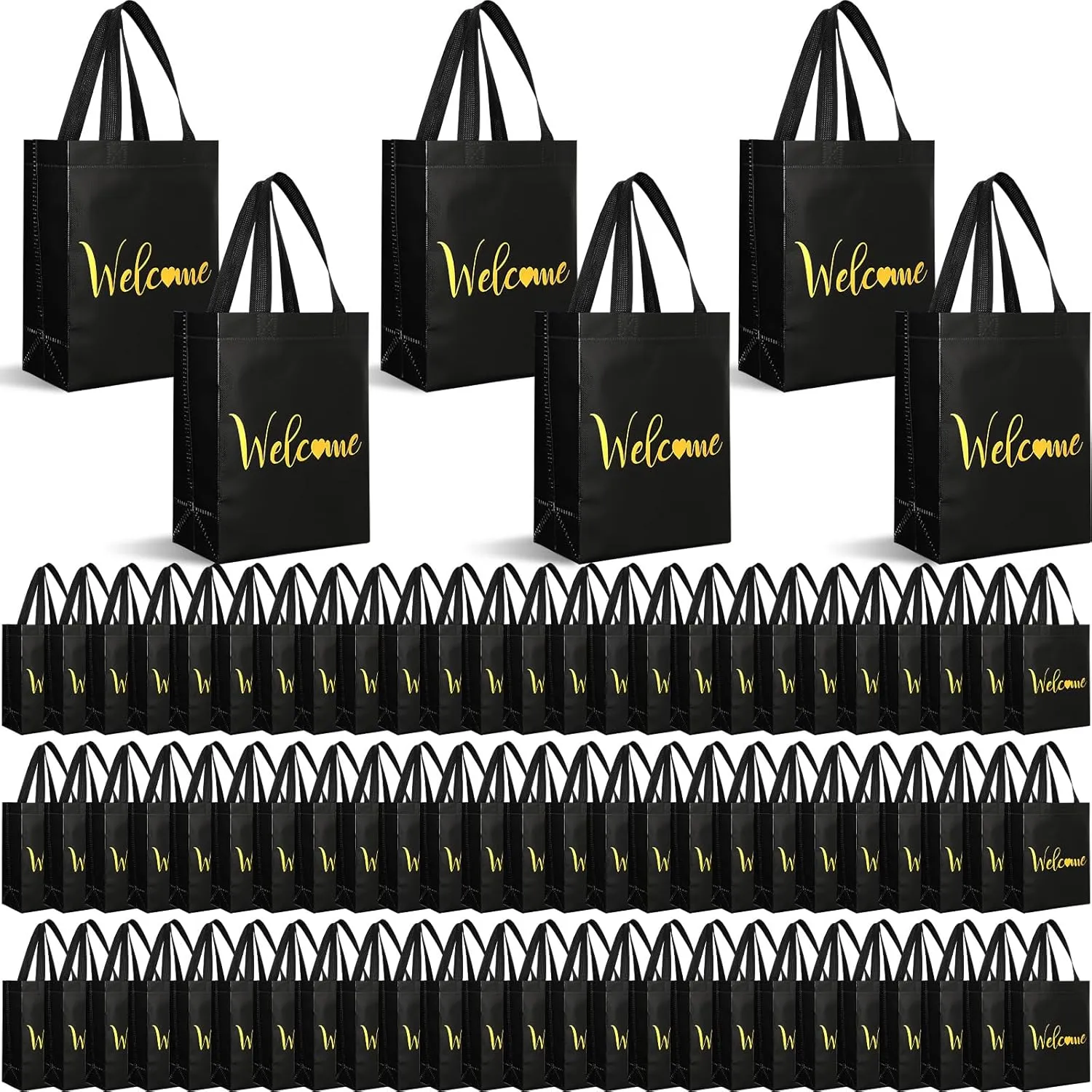 Sweetude 100 Pcs Welcome Bags Bulk, 10 x 8 x 4 Inch Non Woven Welcome Guest Gift Bags with Handle Reusable Reinforced Bottom for Wedding Birthday Party(Black, Gold)