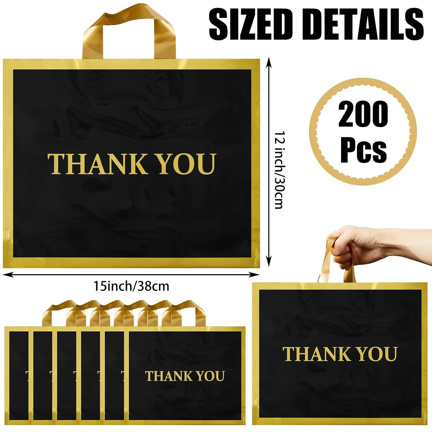 Sweetude 200 Pcs Thank You Plastic Shopping Bags for Small Business Bulk 12 x 15 In Merchandise Boutique Bags with Handle Gold Loop(Black)