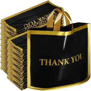 Sweetude 200 Pcs Thank You Plastic Shopping Bags for Small Business Bulk 12 x 15 In Merchandise Boutique Bags with Handle Gold Loop(Black)