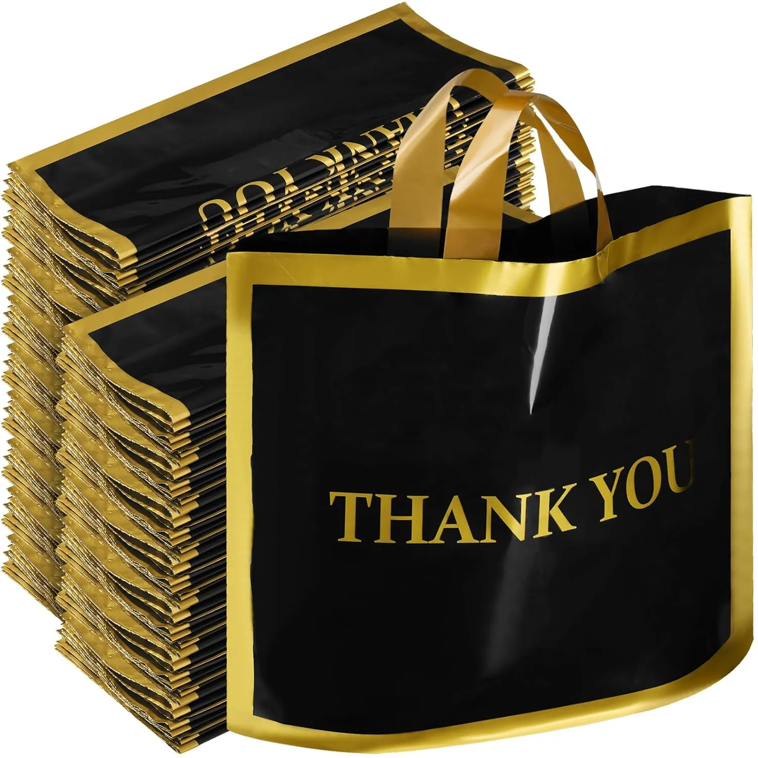 Sweetude 200 Pcs Thank You Plastic Shopping Bags for Small Business Bulk 12 x 15 In Merchandise Boutique Bags with Handle Gold Loop(Black)