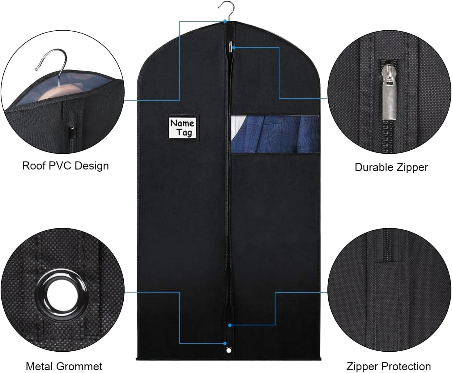 Syeeiex 40" Garment Bags for Hanging Clothes, Set of 8 Suit Bag, Suit Bags for Closet Storage, Garment Covers for Storage Suits, Shirts,T-shirts and Jackets on Closet(Black)