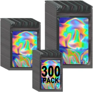 Sylvia Flower 300 Pack 3 Sizes Mylar Bags Smell Proof Bag with Clear Window, Resealable Holographic Packaging Bags for Jewelry Sample Snack Small Business (Black, 3x4.7, 4x6, 4.7x7.9 inch)