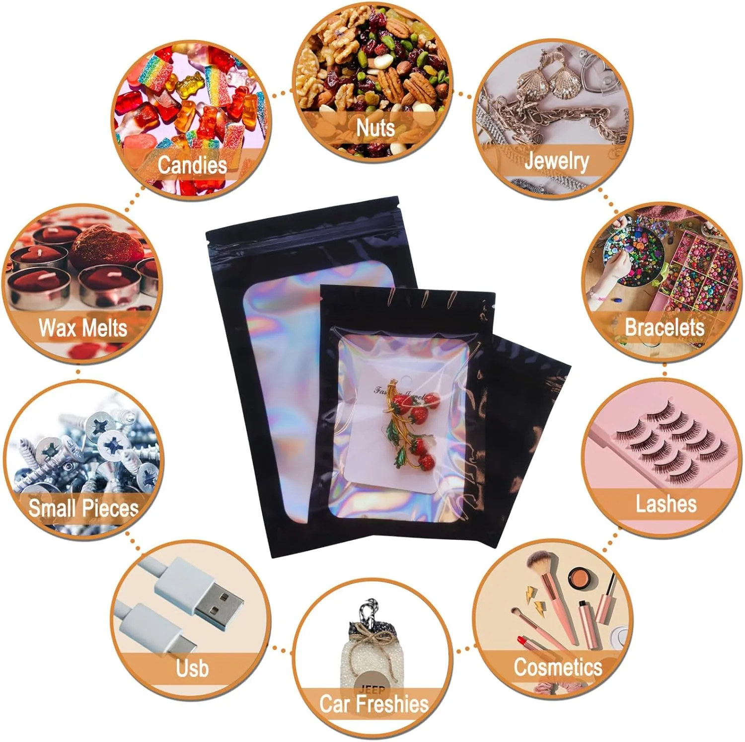 Sylvia Flower 300 Pack 3 Sizes Mylar Bags Smell Proof Bag with Clear Window, Resealable Holographic Packaging Bags for Jewelry Sample Snack Small Business (Black, 3x4.7, 4x6, 4.7x7.9 inch)