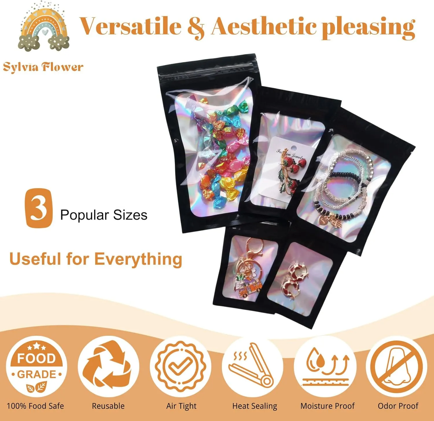 Sylvia Flower 300 Pack 3 Sizes Mylar Bags Smell Proof Bag with Clear Window, Resealable Holographic Packaging Bags for Jewelry Sample Snack Small Business (Black, 3x4.7, 4x6, 4.7x7.9 inch)