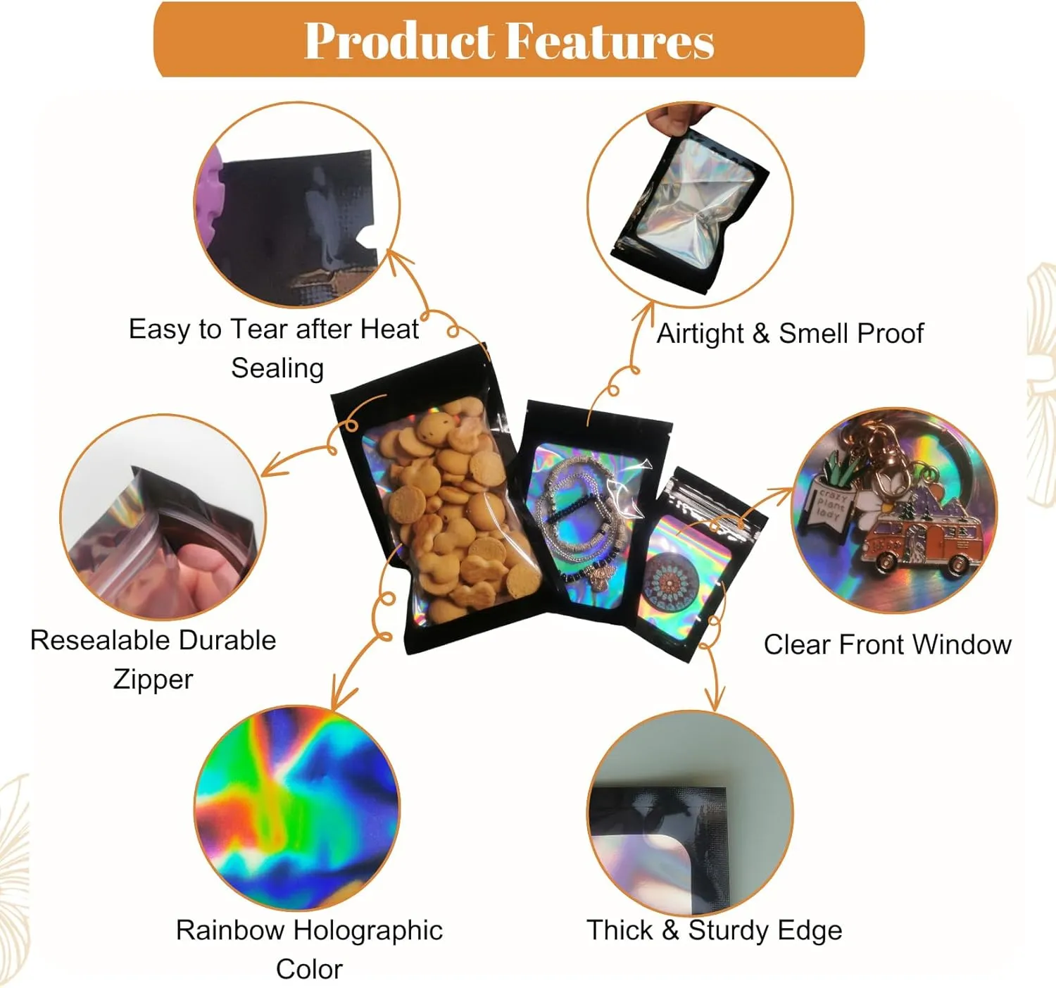 Sylvia Flower 300 Pack 3 Sizes Mylar Bags Smell Proof Bag with Clear Window, Resealable Holographic Packaging Bags for Jewelry Sample Snack Small Business (Black, 3x4.7, 4x6, 4.7x7.9 inch)