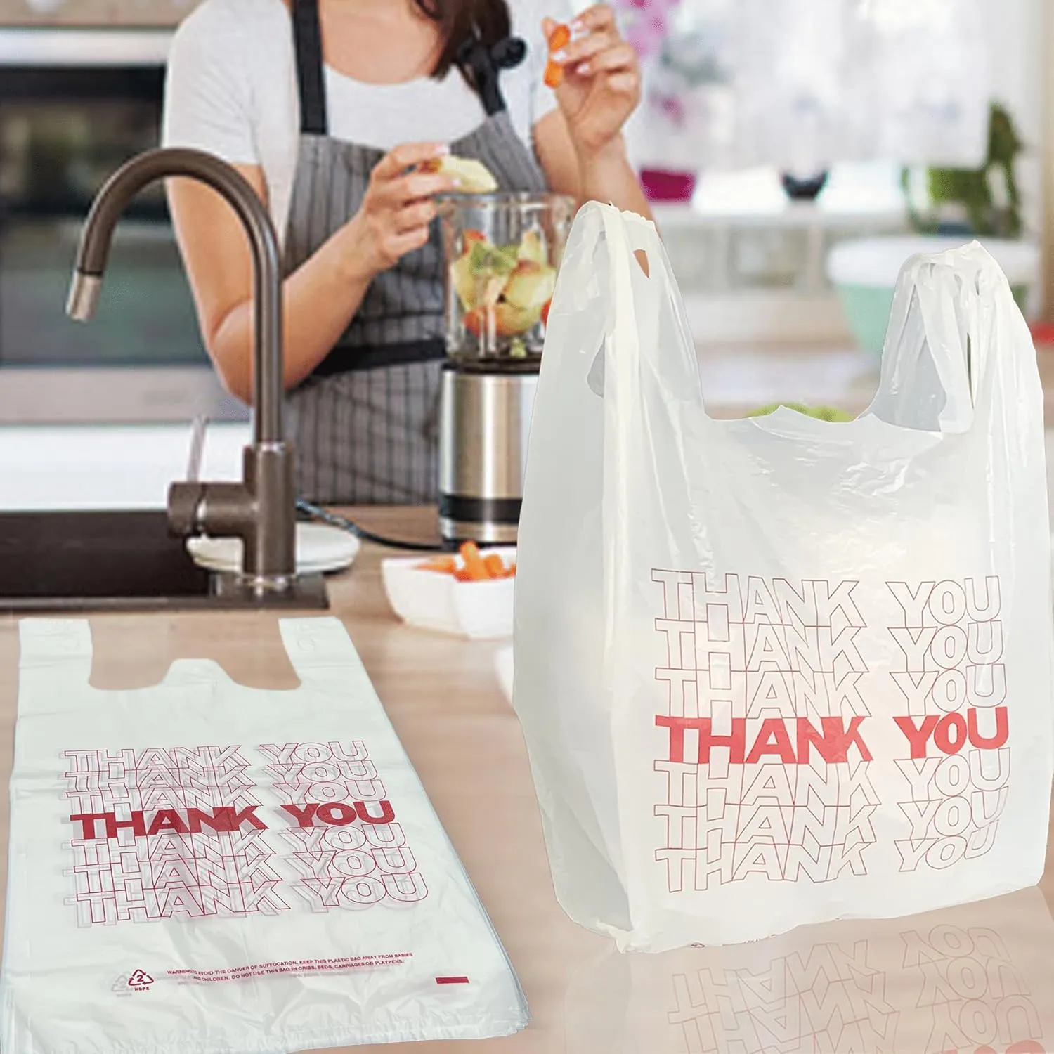 TashiBox 300Ct plastic bags/Shopping Bags/Thank You Bags/Reusable and Disposable Grocery Bags - Measures 11.5" X 6.25" X 21", 15mic, 0.6 Mil