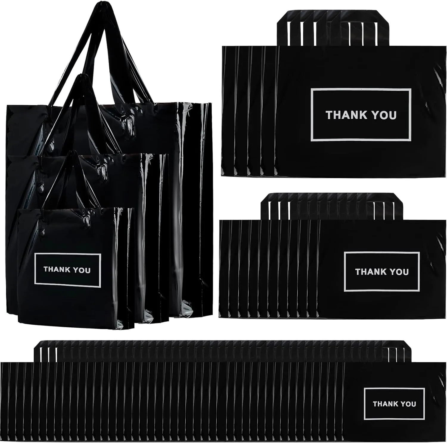 Teling 200 Pcs Thank You Plastic Bags Bulk Thank You Merchandise Bags for Wedding Business, 9 x 12'', 12 x 15'', 15 x 18''(Black)