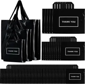 Teling 200 Pcs Thank You Plastic Bags Bulk Thank You Merchandise Bags for Wedding Business, 9 x 12'', 12 x 15'', 15 x 18''(Black)