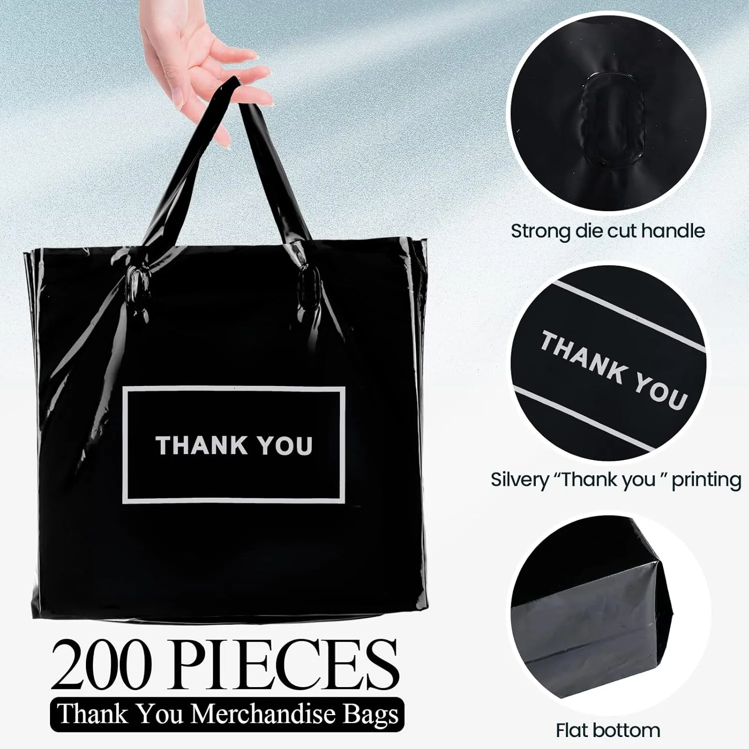 Teling 200 Pcs Thank You Plastic Bags Bulk Thank You Merchandise Bags for Wedding Business, 9 x 12'', 12 x 15'', 15 x 18''(Black)