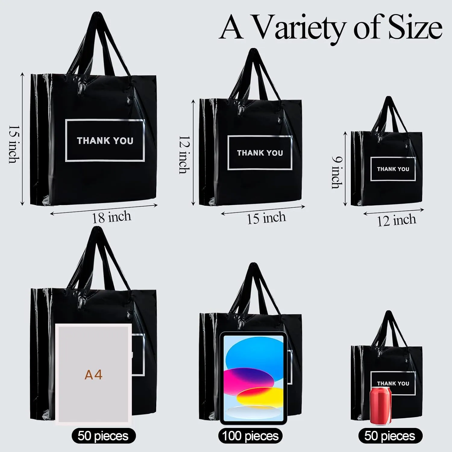 Teling 200 Pcs Thank You Plastic Bags Bulk Thank You Merchandise Bags for Wedding Business, 9 x 12'', 12 x 15'', 15 x 18''(Black)