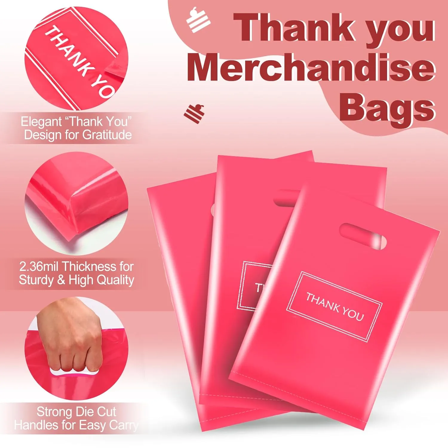 Thank You Bags for Small Business, Plastic Retail Bags Merchandise Bags Shopping Boutique Bags for Stores Boutique (Pink)