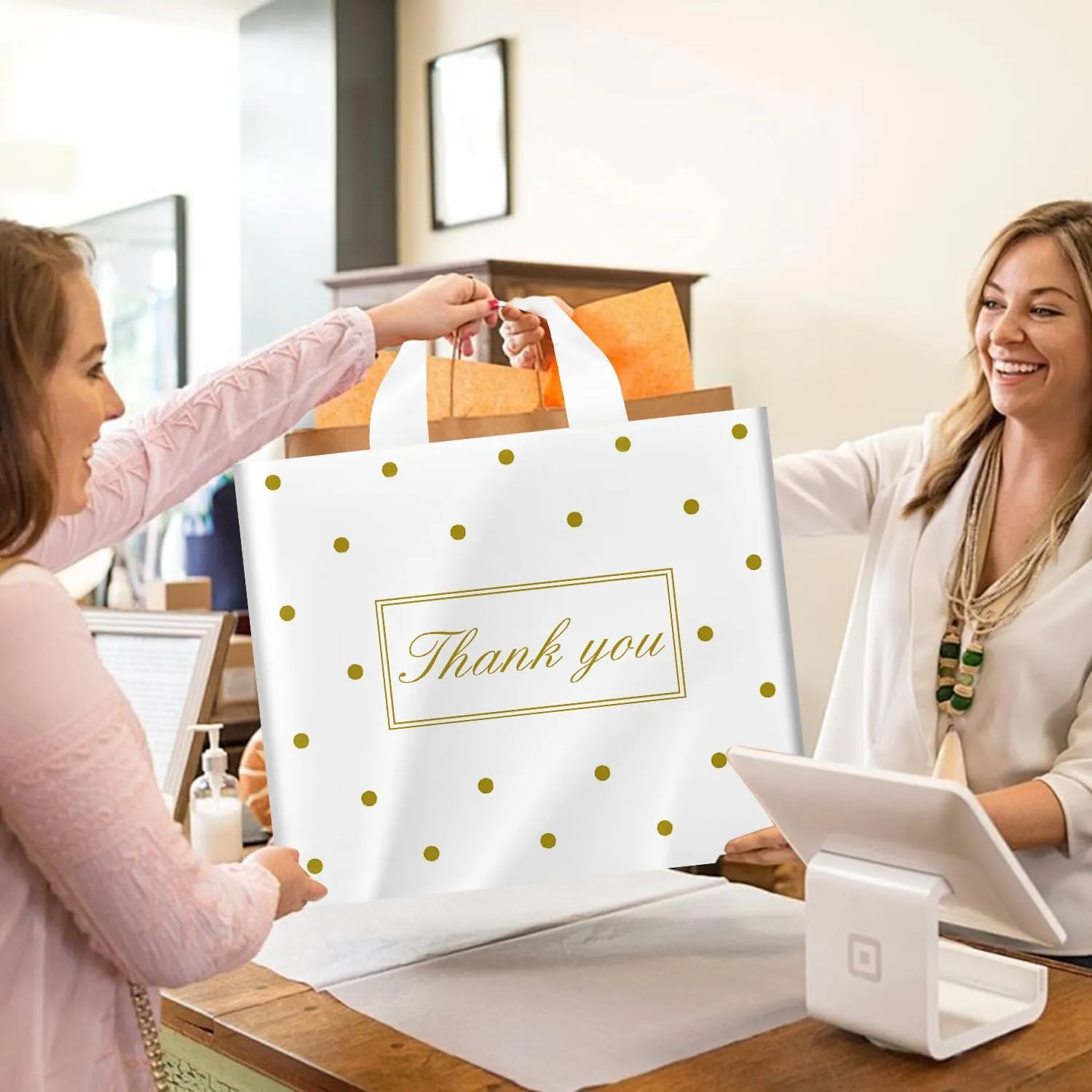 Thank You Bags for Small Business, Shopping Bags with Handle,Black Plastic Bags, White