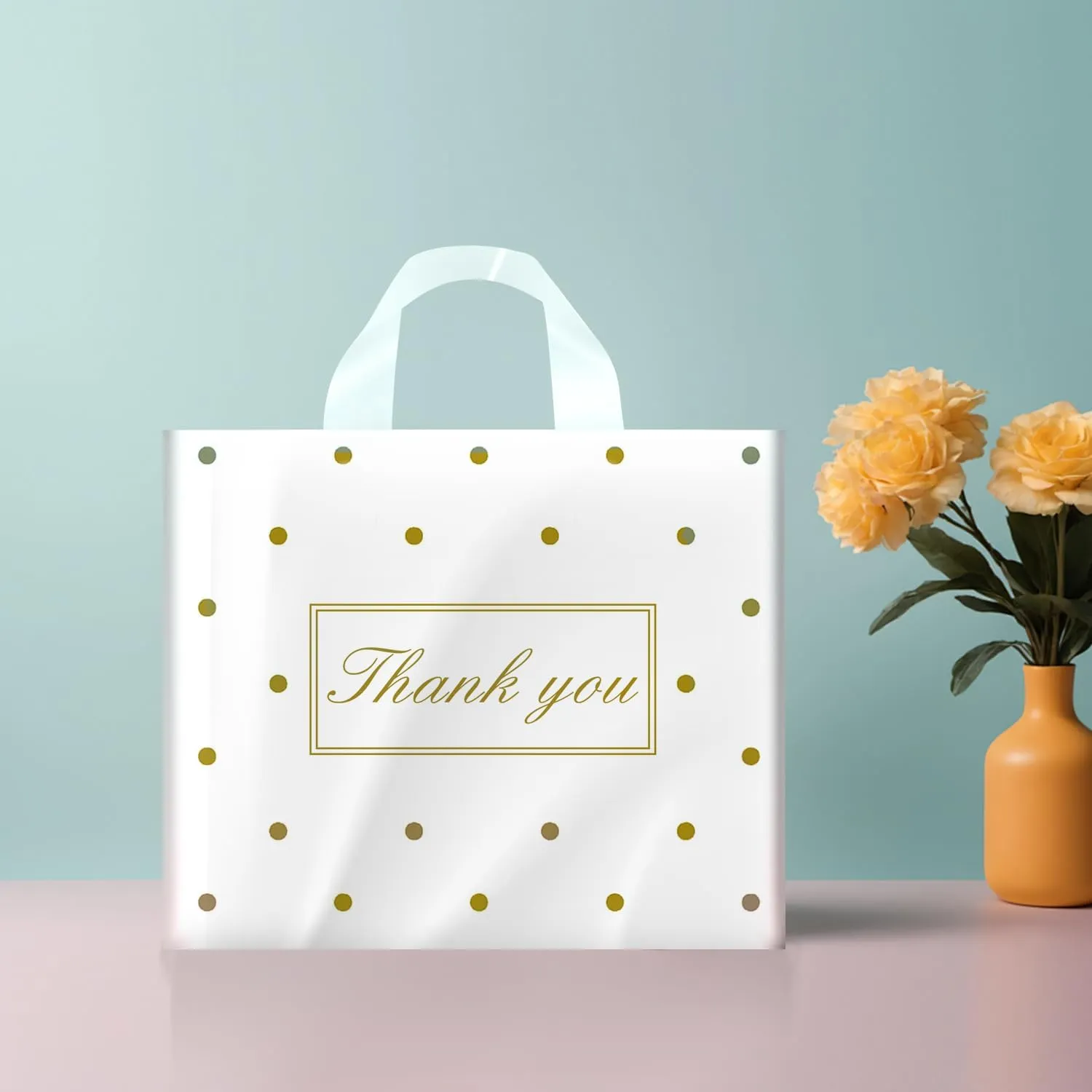 Thank You Bags for Small Business, Shopping Bags with Handle,Black Plastic Bags, White