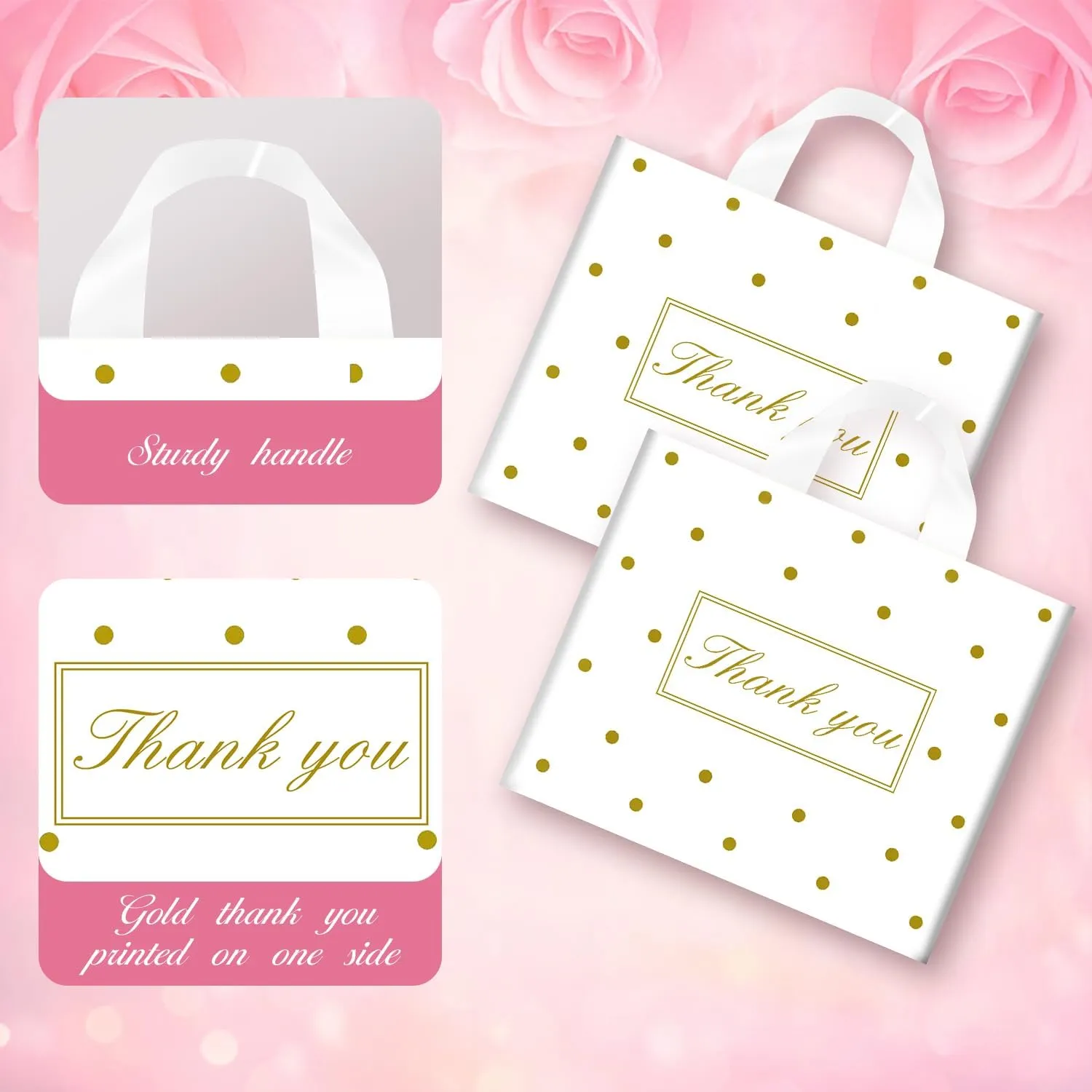 Thank You Bags for Small Business, Shopping Bags with Handle,Black Plastic Bags, White
