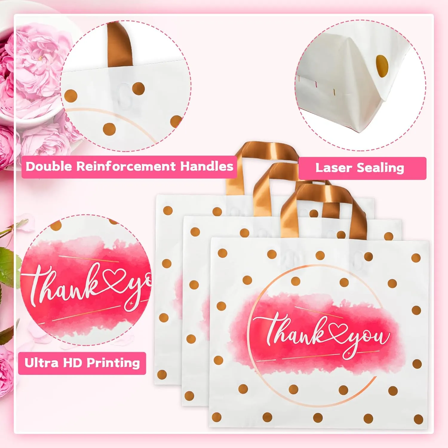 Thank You Bags Shopping Bags for Small Business Boutique Bags, 50 Pack Extra Thick Plastic Shopping Bags Merchandise Retail Bags Customers Office Party Thank You Bags for Businees Small (12X14 IN)