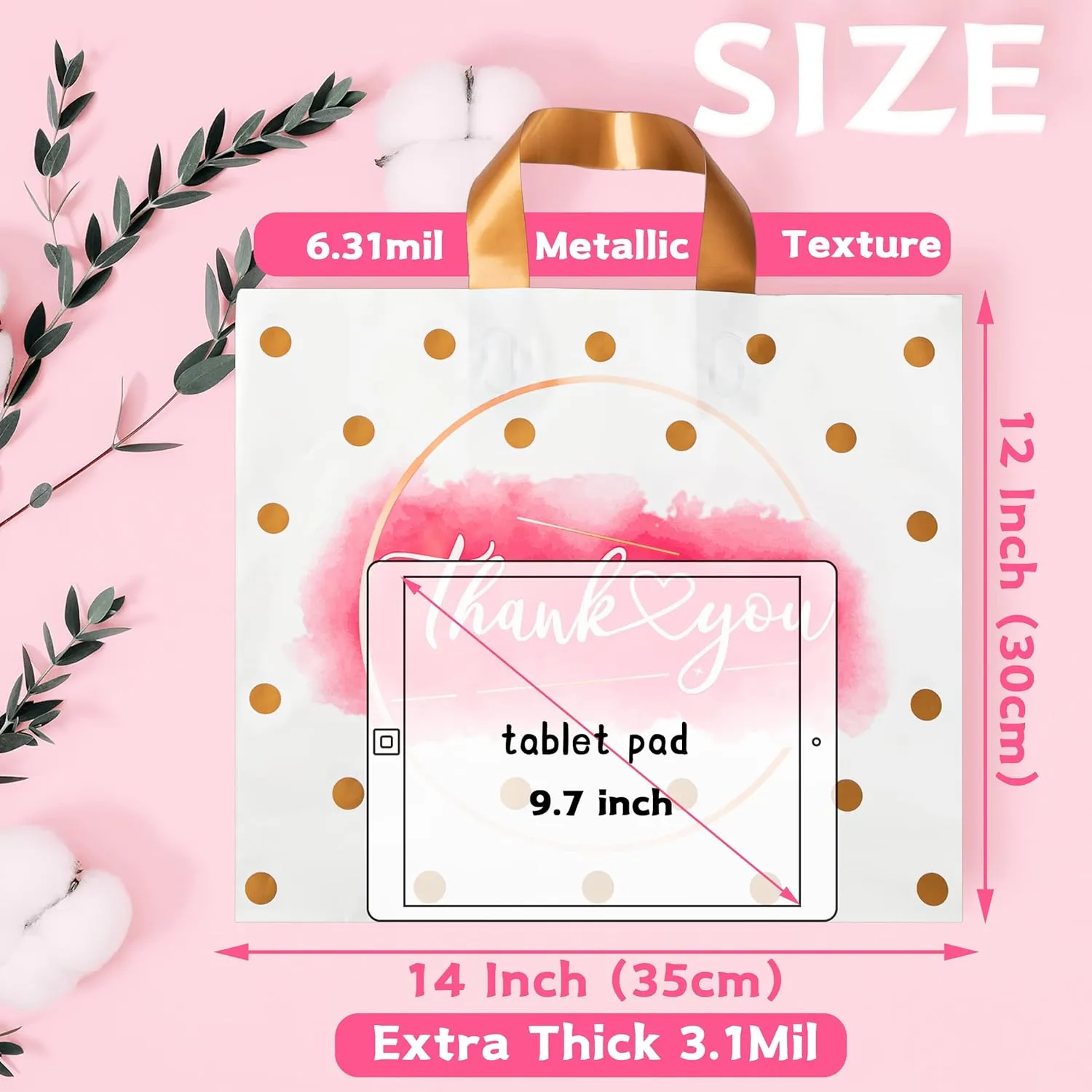 Thank You Bags Shopping Bags for Small Business Boutique Bags, 50 Pack Extra Thick Plastic Shopping Bags Merchandise Retail Bags Customers Office Party Thank You Bags for Businees Small (12X14 IN)