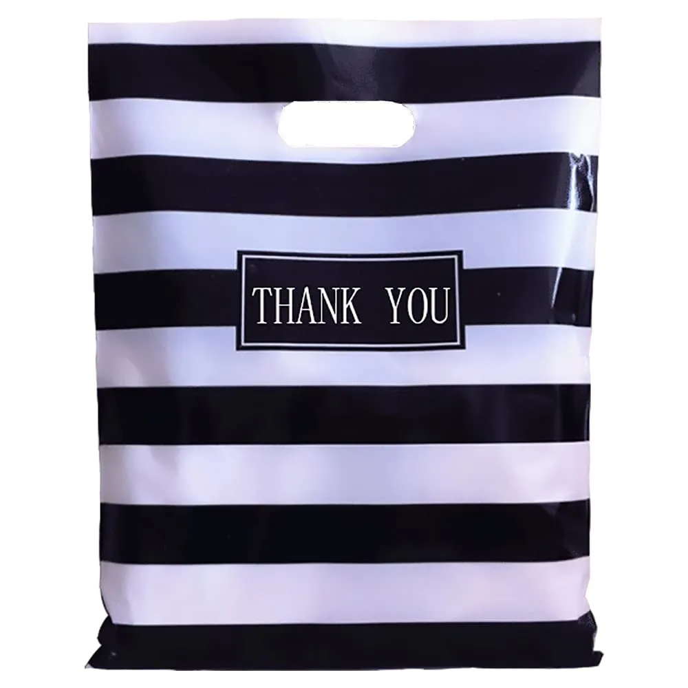 Thank You Merchandise Bags,Daarcin 100pcs 12x16in Black and White Stripes Die Cut Plastic Shopping Bags with Handle for Boutique,Party,Goodie Bags,Stores,Clothes, Reusable Retail Bags for Bussiness