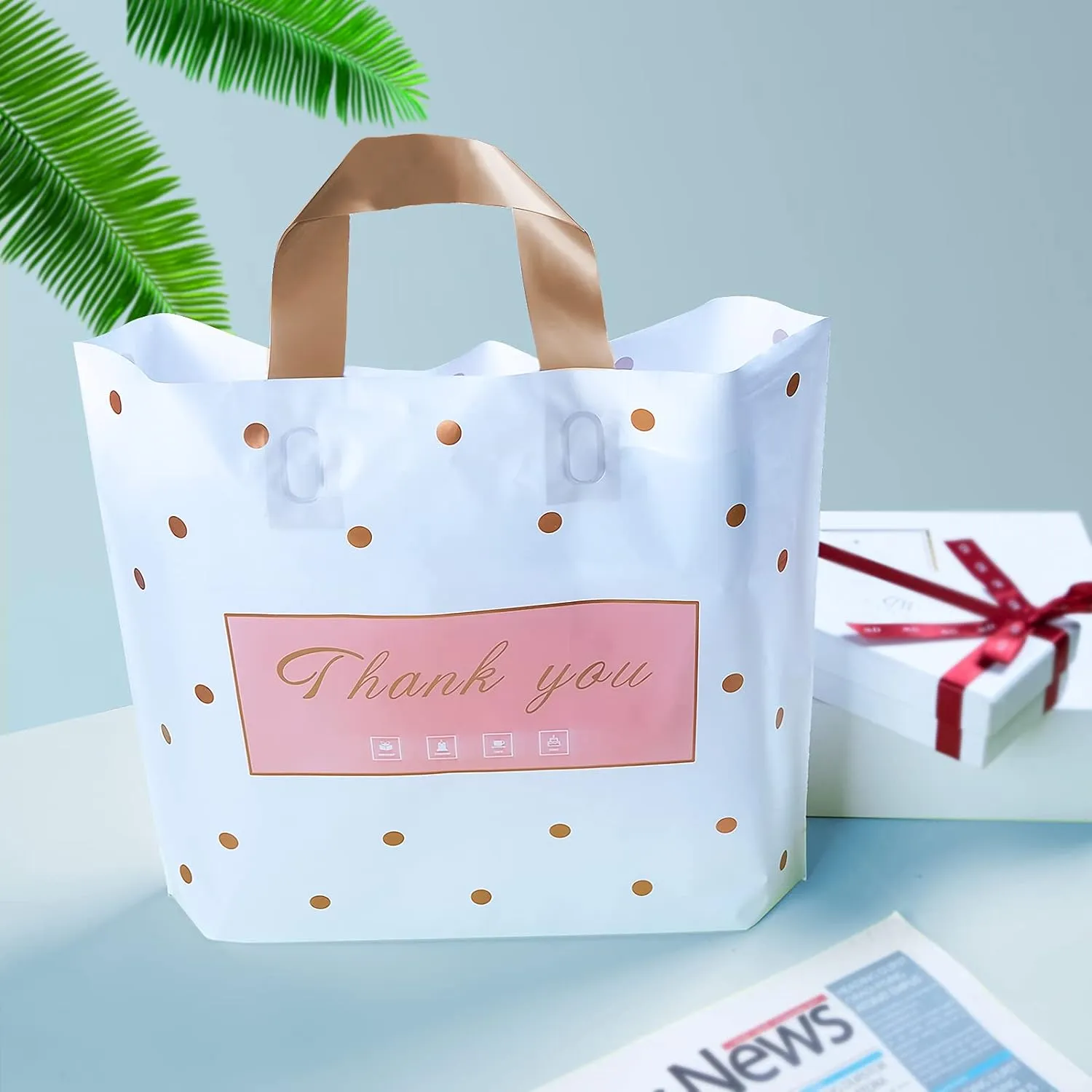Thank You / Shopping Bags, 50 Pack Extra Thick Bulk Merchandise / Boutique Bags for Small Business Plastic Retail Bags with Loop Handle for Customers Parties Favors Goodies(Polka Dot,Medium(12"x14"))