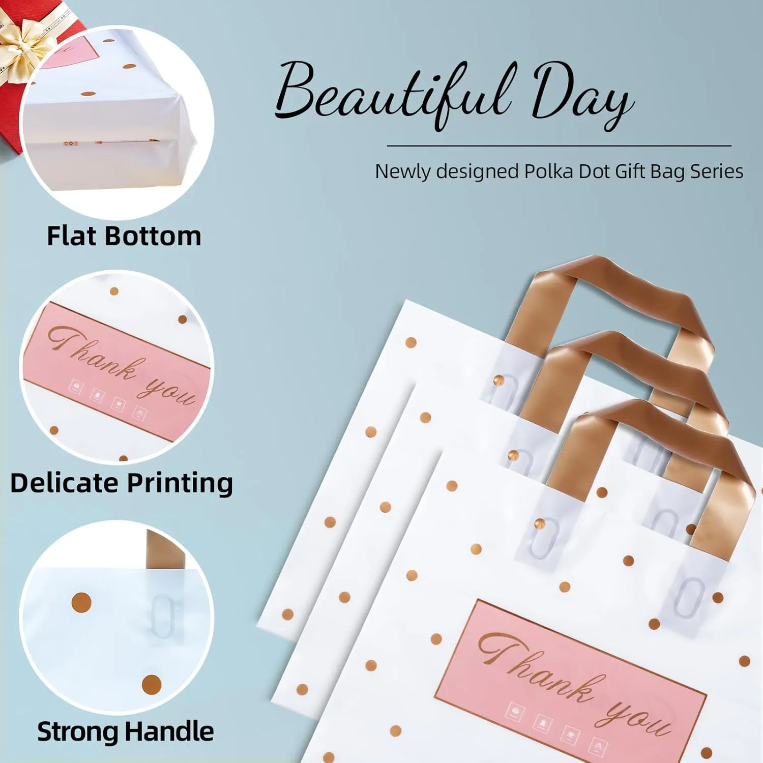 Thank You / Shopping Bags, 50 Pack Extra Thick Bulk Merchandise / Boutique Bags for Small Business Plastic Retail Bags with Loop Handle for Customers Parties Favors Goodies(Polka Dot,Medium(12"x14"))
