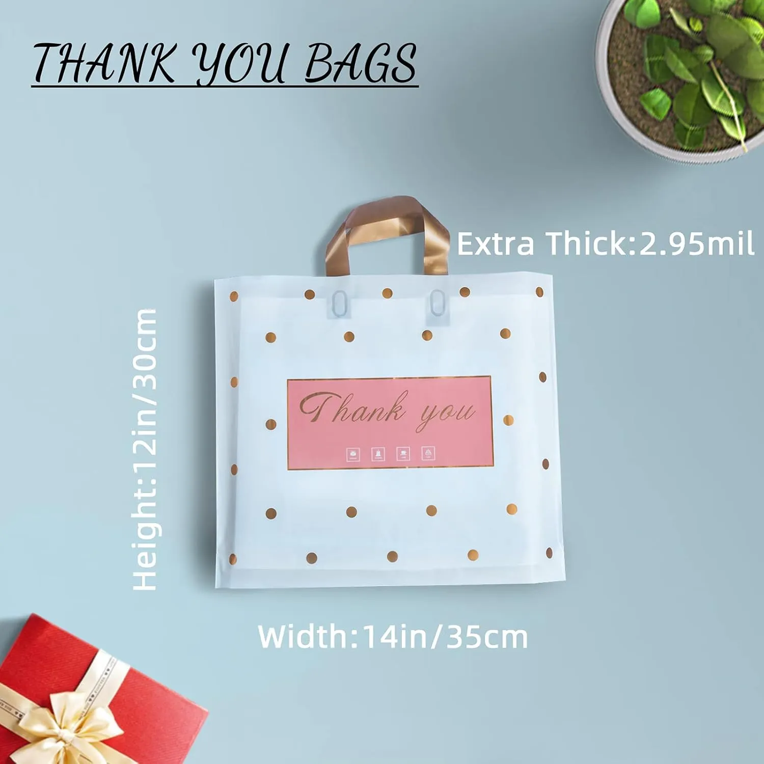 Thank You / Shopping Bags, 50 Pack Extra Thick Bulk Merchandise / Boutique Bags for Small Business Plastic Retail Bags with Loop Handle for Customers Parties Favors Goodies(Polka Dot,Medium(12"x14"))