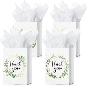 Tinlade 50 Pcs Thank You Gift Bags Bulk Paper Thank You Wedding Bags with Handle for Business, Shopping, Wedding, Baby Shower, Party Favors(White, Eucalyptus Leaf)
